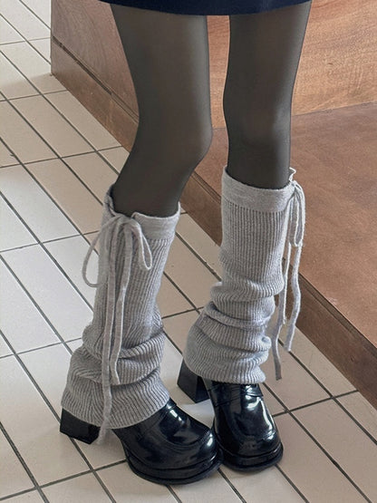 White/Light Grey/Black/Coffee/Khaki Self-tie Straps Knitted Leg Warmers