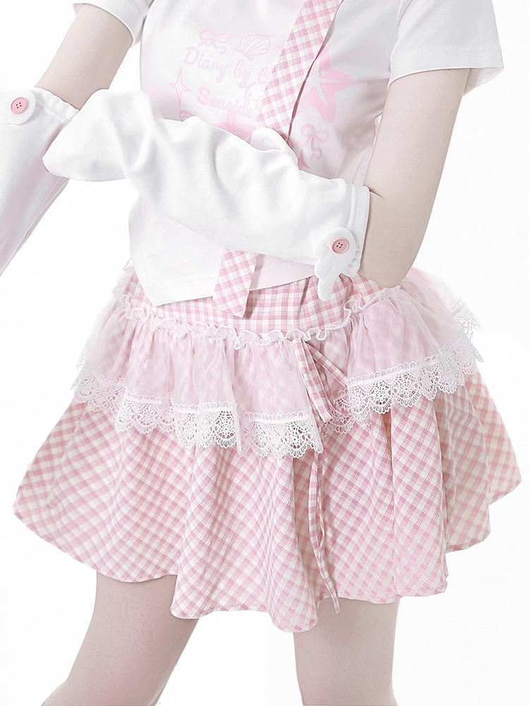 Pink/Baby Blue Plaid Lace Trim Skirt