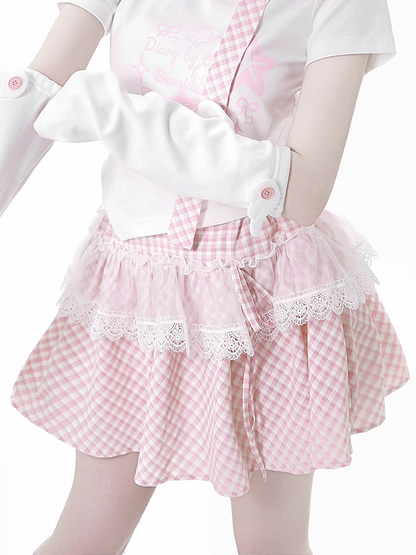 Pink/Baby Blue Plaid Lace Trim Skirt