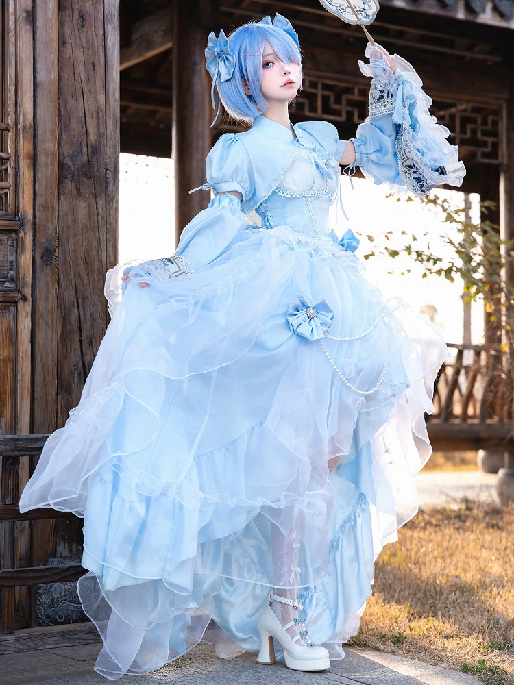Plus Sizes Available Blue Princess Lolita Boned Waist Top + High-low Skirt Full Set