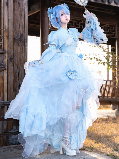 Plus Sizes Available Blue Princess Lolita Boned Waist Top + High-low Skirt Full Set