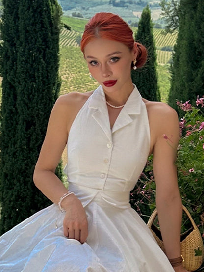 Vintage White Halter Neck Self-tie Straps Backless Top