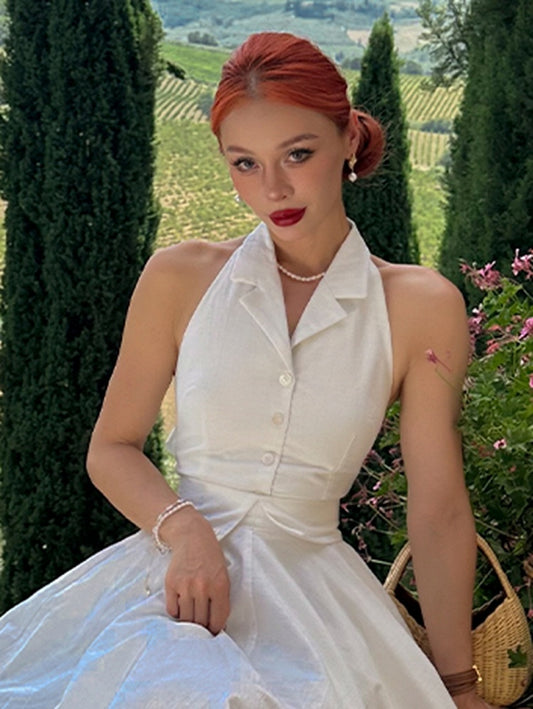 Vintage White Halter Neck Self-tie Straps Backless Top