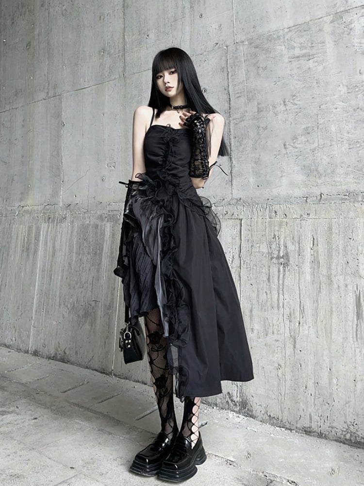 Black Asymmetrical Hem Flounce Trim Glamorous Cami Dress