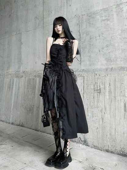Black Asymmetrical Hem Flounce Trim Glamorous Cami Dress