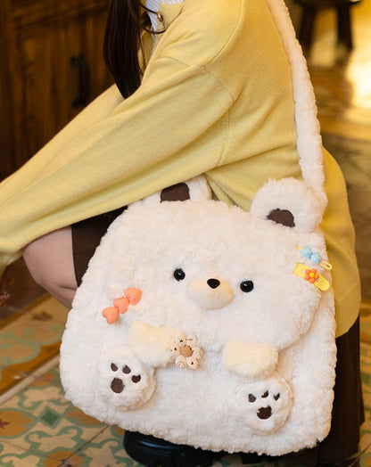 White Bear Plush Flap Backpack Bag Middle/Large Size