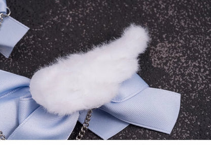 Star Charm Handmade Plush Angel Wings White and Blue Bowknot Hairclips
