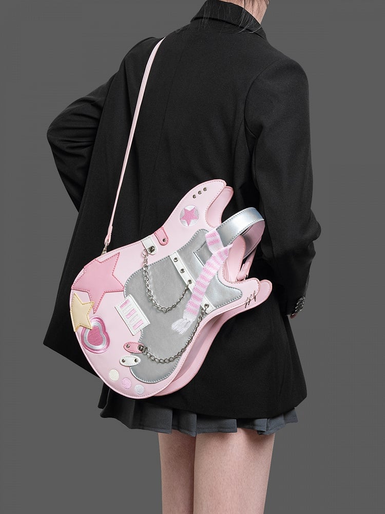 Pink & Silver Star Design Sweetheart Embroidered Guitar-shaped Bag