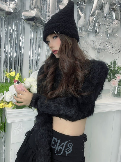 Punk Black Cat Ears Design Cross Patch Knit Hat