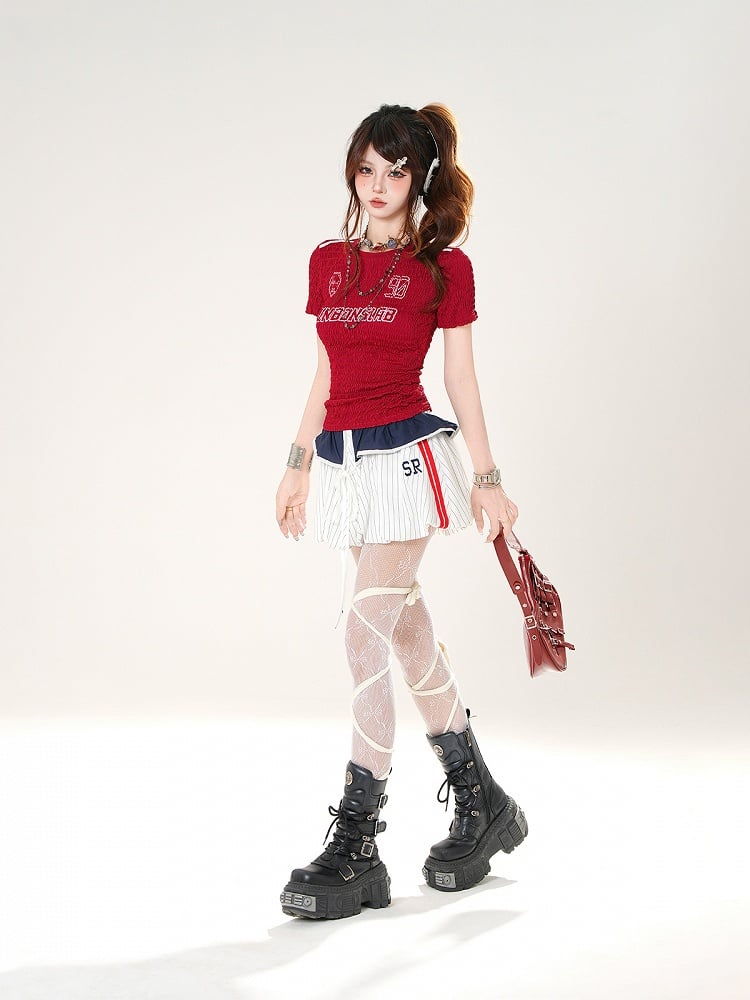 Self-tie Foldover Design White Striped Bubble Skirt