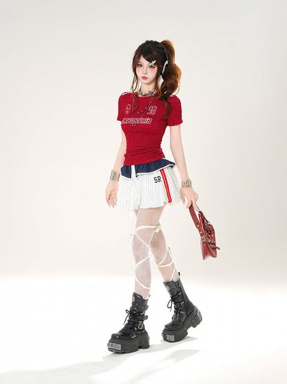 Self-tie Foldover Design White Striped Bubble Skirt