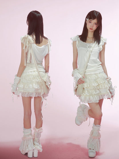 Bowknot Details White Flutter Sleeves Top