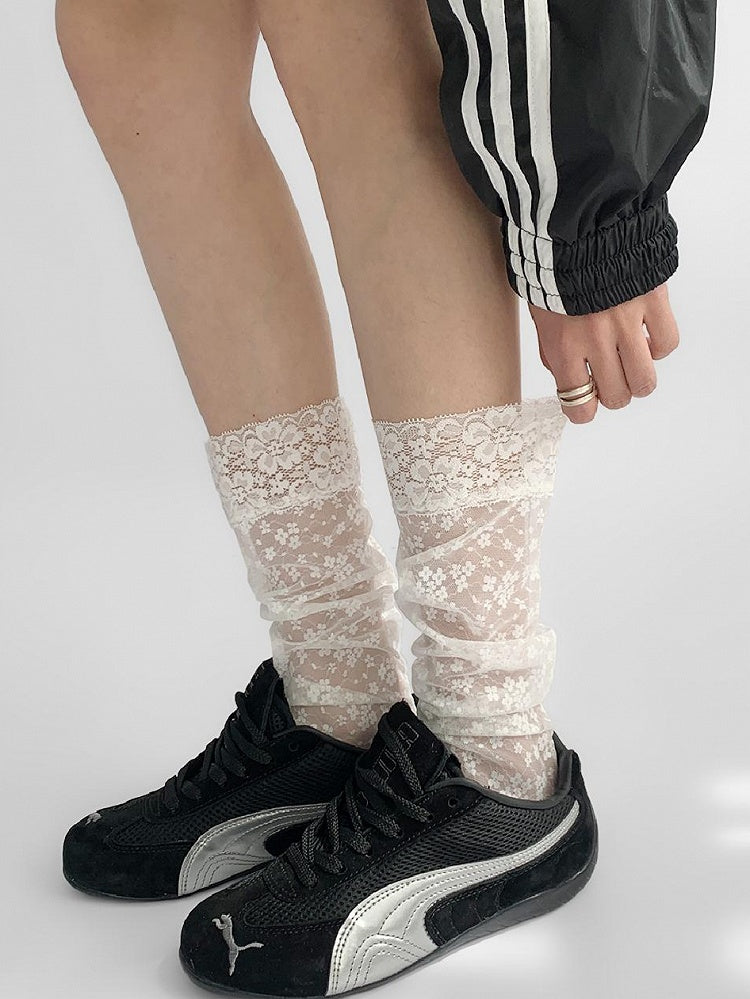 White Floral Embroidery Lace Trim Calf Socks