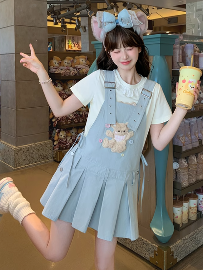 Plush Bear Applique Blue Box Pleat Overall Dress Adjustable Shoulder Straps