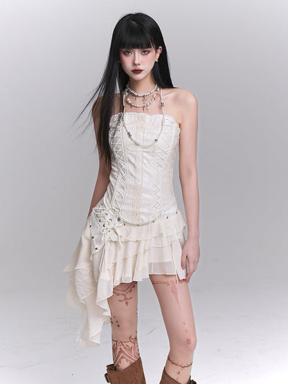 Beige Cross Lace Applique Lace-up Strapless Top / Asymmetrical Hem Tiered Skirt