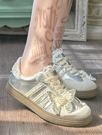 Beads and Rhinestones Detail Silver Butterfly Decorated Sneakers