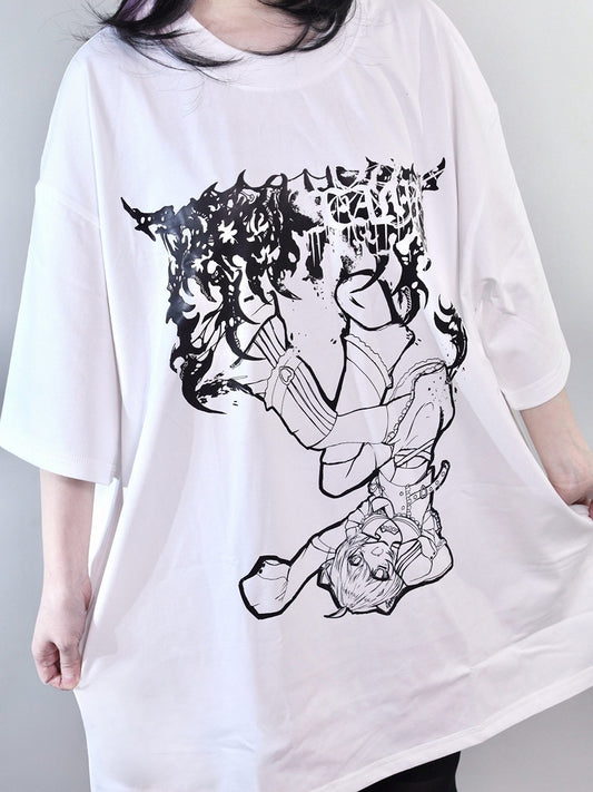 White Jirai Kei Cartoon Girl Print Round Neck T-shirt