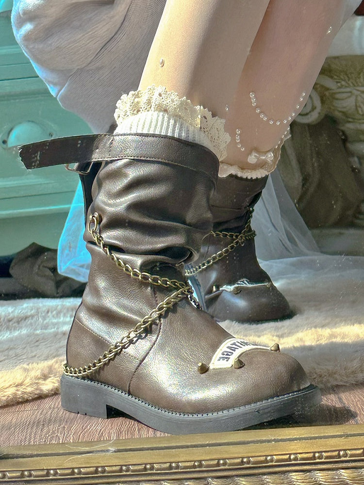 Brown Crisscross Chain Stud Detail Boots