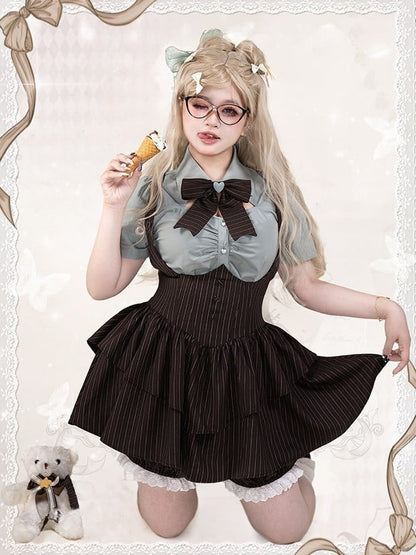 Plus Size Preppy Style Mint Blue Heart Buttons Short Sleeves Blouse