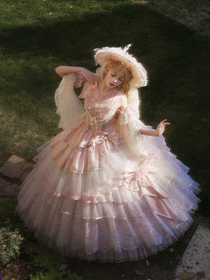 Clearance-Size S for Bust 80CM Pink Corset Bodice Hanayome Hime Lolita Floral Embroidery Layered Floor Length Dress Long Version