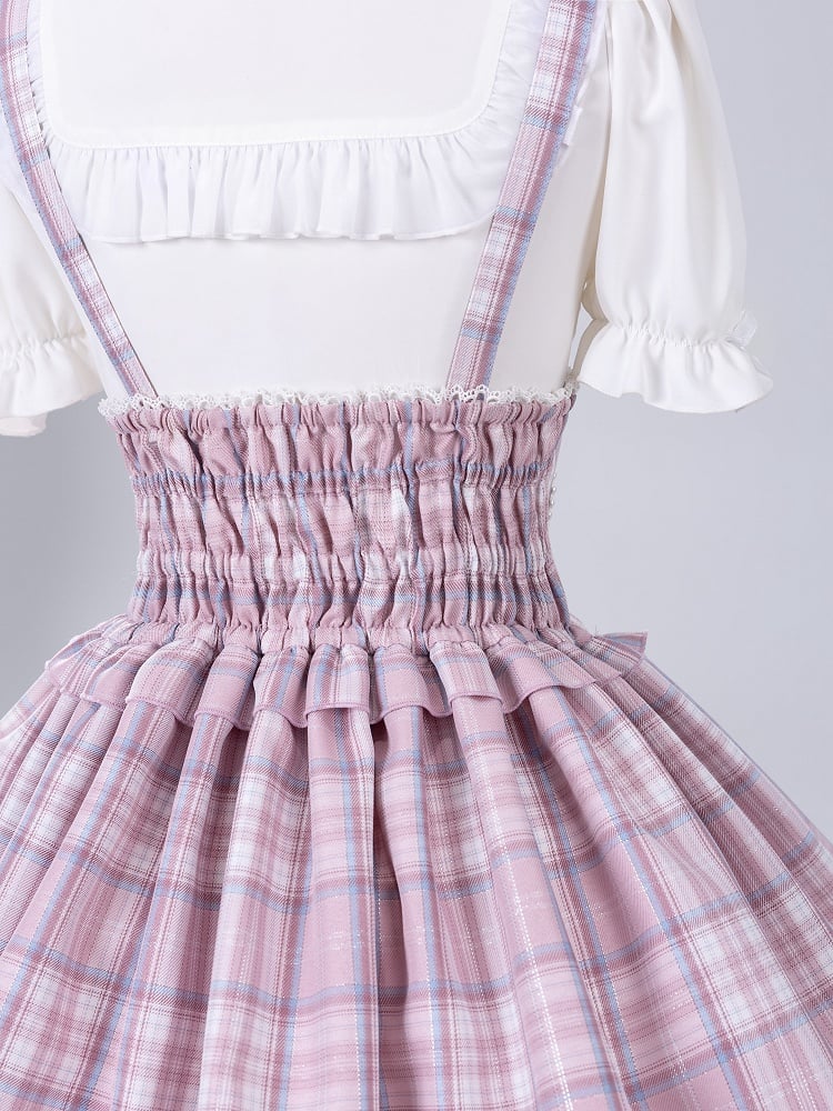 Pink Lace-up High Waist Jirai Kei Plaid Skirt with Detachable Flutter Straps