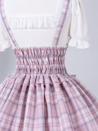 Pink Lace-up High Waist Jirai Kei Plaid Skirt with Detachable Flutter Straps