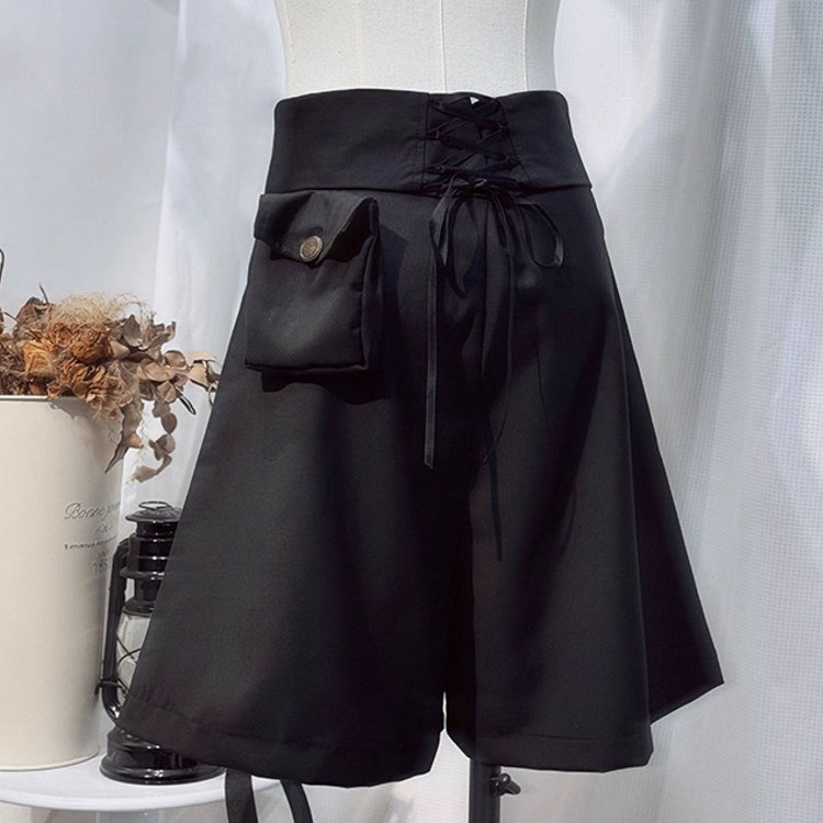 Ouji Lolita White and Black Five-Piece Set - Lace Collar Top + Detachable Pointed Hood + Ribbons + Shorts + Garter