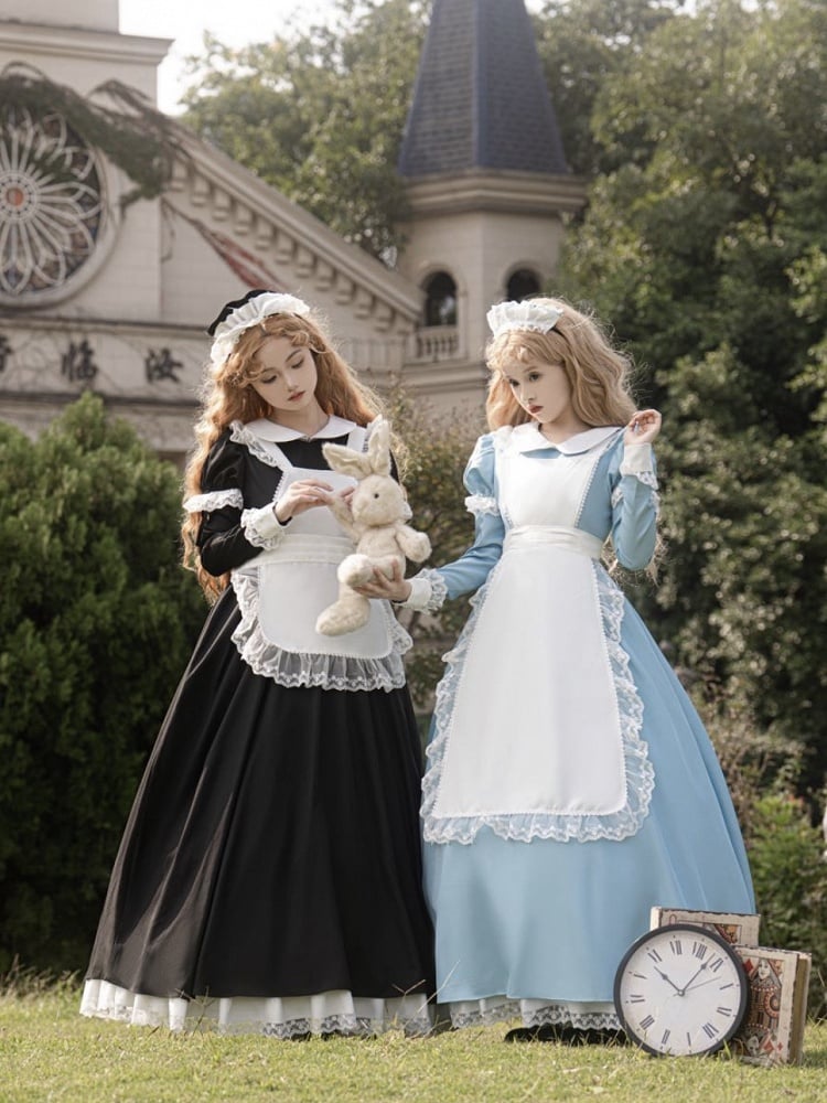 Plus Size Friendly Blue Long Version Maid One Piece + Apron Alice in Wonderland Vibes