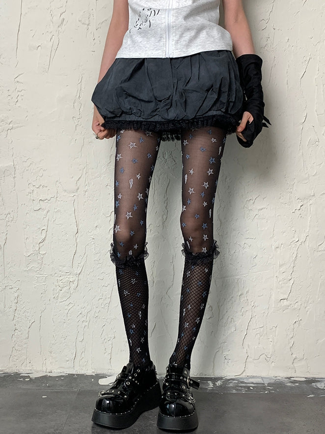 Black Punk Lace Trim Fishnet Over-knee Stockings