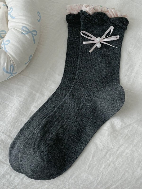 White/Black/Blue/Gray/Dark Gray Lolita Bowknot Details Ruffled Cuff Calf Socks
