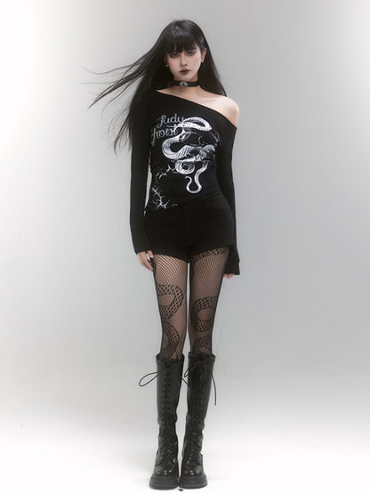 Black Asymmetrical Neckline Snake Print Slim-fitting Top