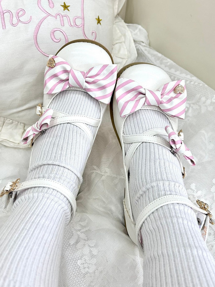 Striped Bow at Top White Sweet Round Toe Lolita Shoes Low Heels