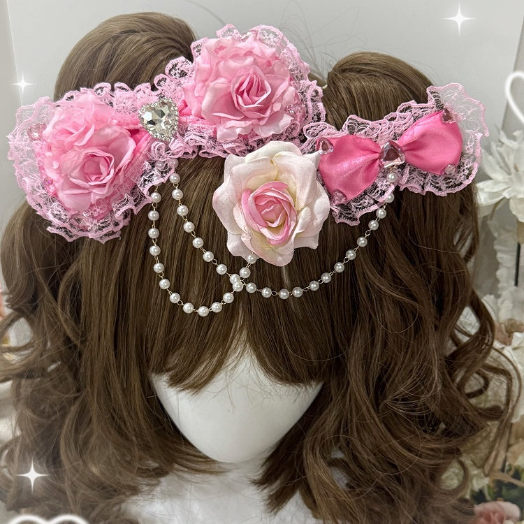 Three Pink/Black&Pink/Pink&Bege Rhinestone Heart Decorated Floral Design Bead Chain Bowknot Hairclips