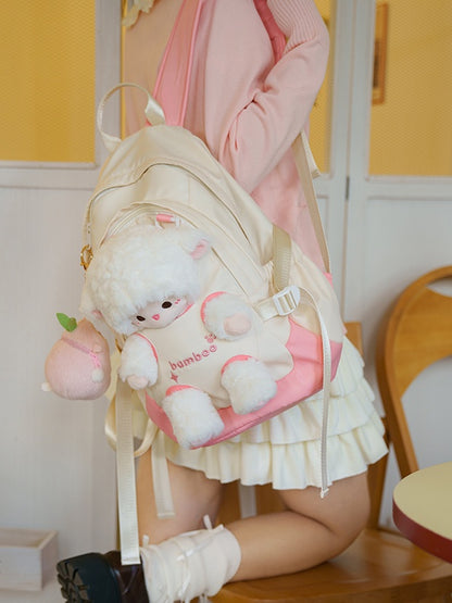 White And Pink Plush Backpack With A Detachable Lamb Plushie