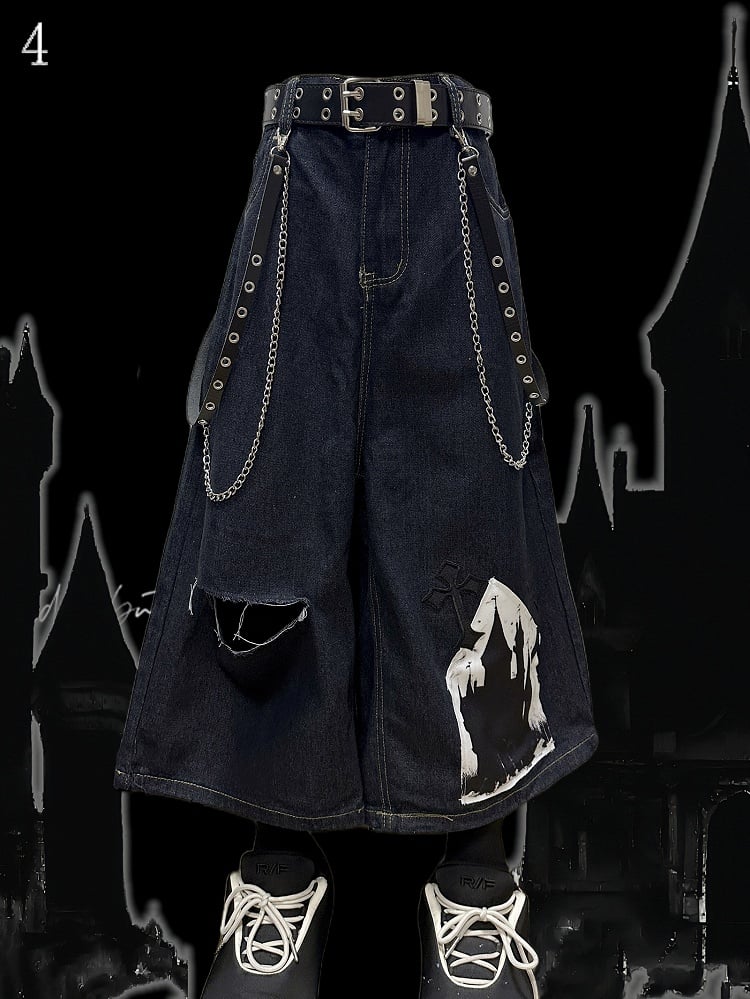 Dark Blue Y2K Cross Applique Distressed Holes Design Wide-Leg Cargo Shorts