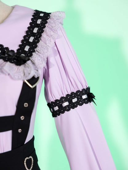 Purple Jirai Kei Lace Trimming Sailor Collar Long Sleeves Blouse