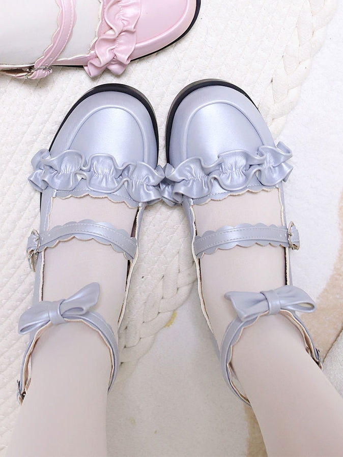 Blue Ruffles Trim Bowknot Decorated Heart Buckles Lolita Shoes