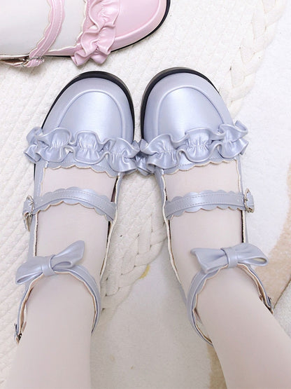 Blue Ruffles Trim Bowknot Decorated Heart Buckles Lolita Shoes