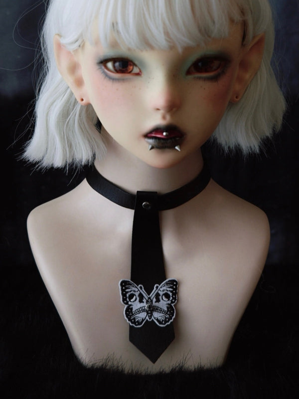 Black Gothic Butterfly Applique Studs Decorated Tie PU Choker