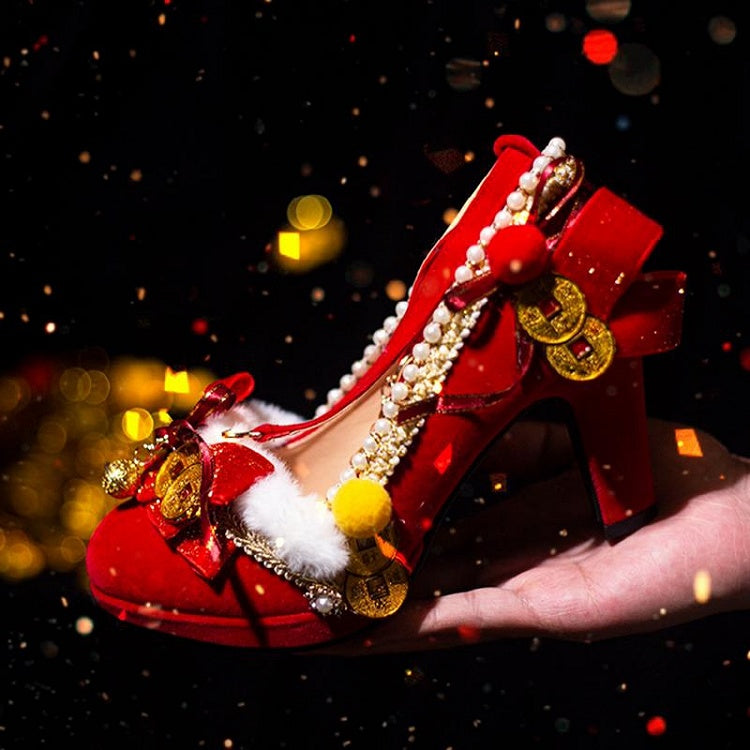 Red Beaded Decorated Knotted Bow Accent Cheongsam Style 5CM/8CM High Heels