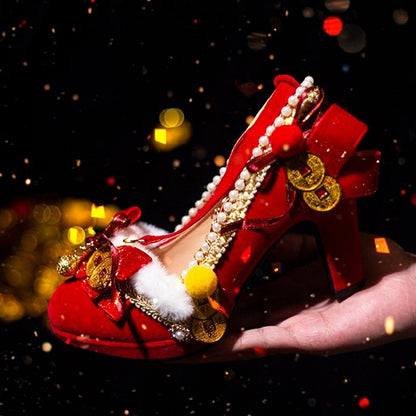 Red Beaded Decorated Knotted Bow Accent Cheongsam Style 5CM/8CM High Heels