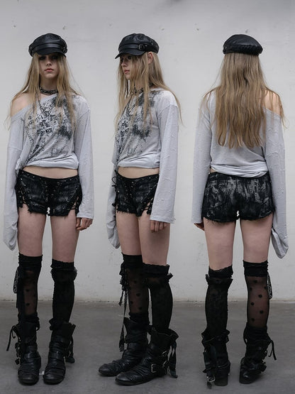 Blue/Beige Wasteland Punk Letter Print Asymmetrical Neckline Long Sleeves Top