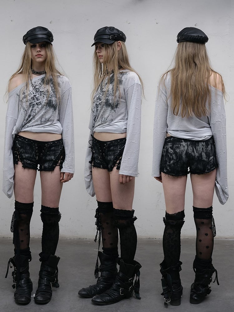 Blue/Beige Wasteland Punk Letter Print Asymmetrical Neckline Long Sleeves Top