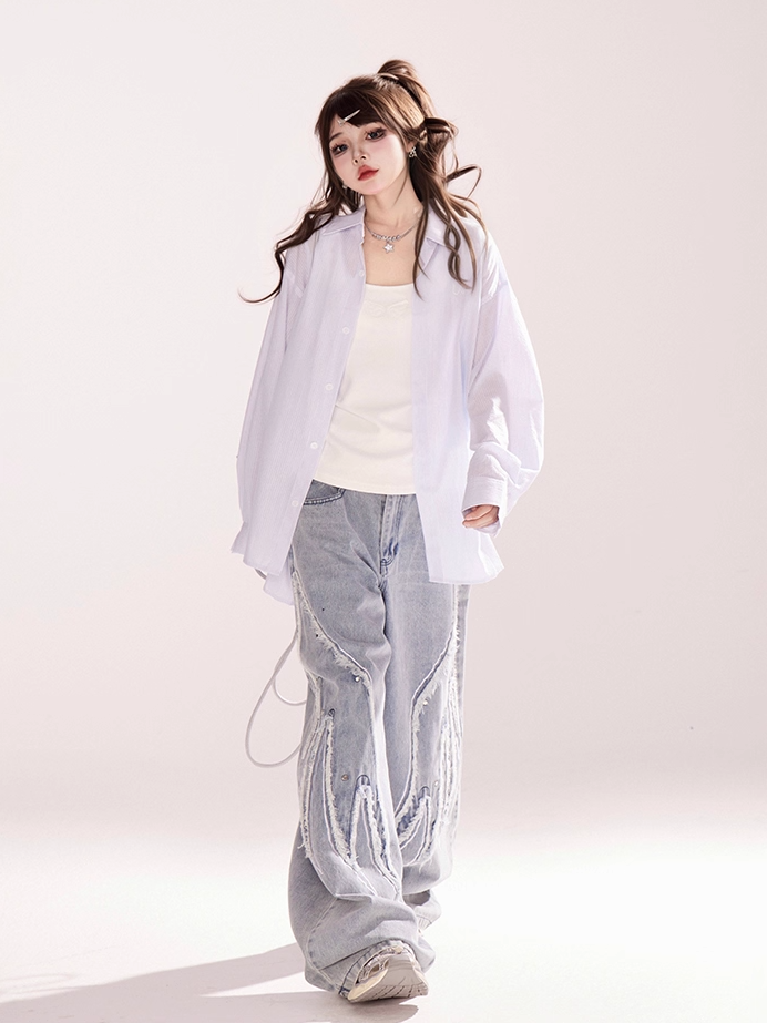 Light Blue Low Rise Wings Embroidery Applique Vintage Wide-leg Jeans