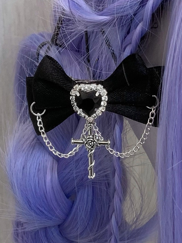 Black/Champagne/Pink Cross Charm Rhinestone Heart Decorated Bowknot Hairclips