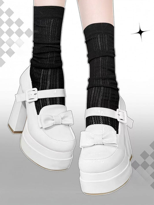 Bow at Top White Platform Mary Janes High Block Heel