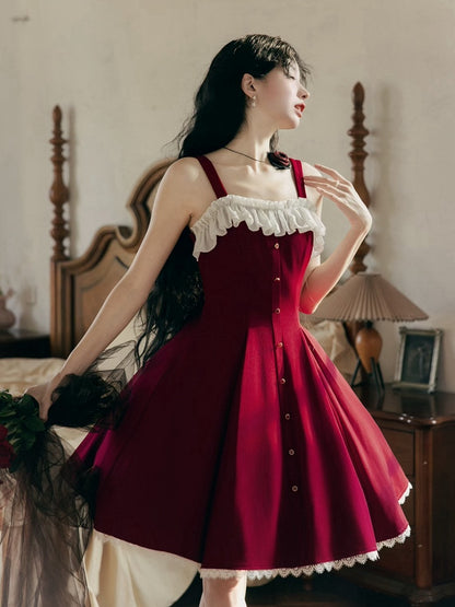 Red Slim Fit Waist Elegant Lolita Fashion Dress
