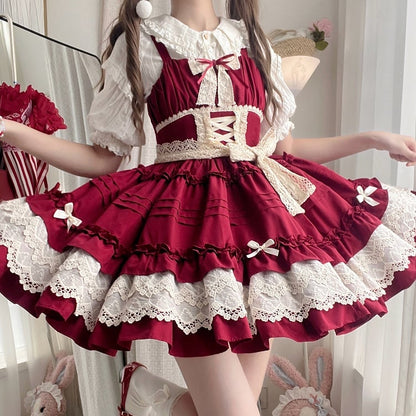Red Pleated and Ruffle Trim Skirt Summer Lolita Jumper Skirt