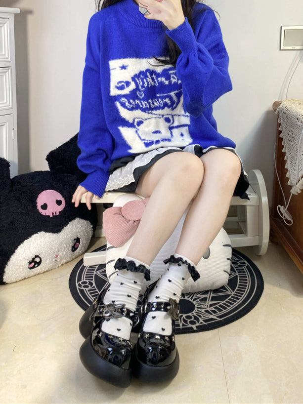 Studs Polished Black Platform Mary Janes with Skeleton Rabbit Buckles