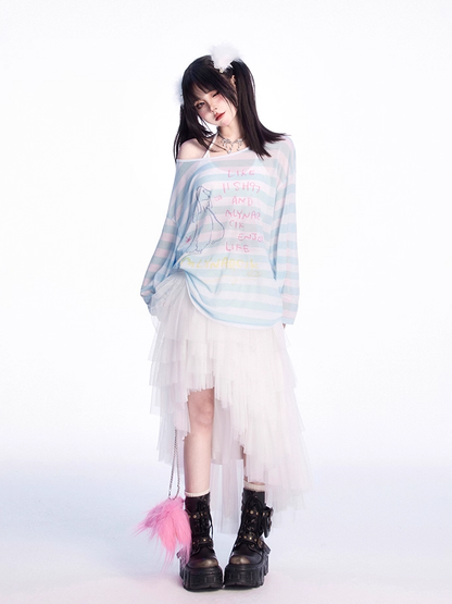 Asymmetrical Neckline Puppy Print Blue/Pink Striped Semi-sheer Coverup